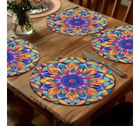 Shein Manteles individuales redondos con mandala, dos estampados coloridos: mandala de puntos de diamante y mandala floral vintage. Tela resistente al calor