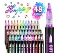 Shein Marcador permanente de doble línea, set de marcadores de 8/12/24/36/48 colores con brillo ondulado, marcadores metálicos de autocontorno para arte, pi