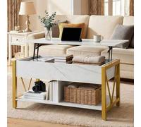 Shein Mesa de centro ajustable en altura con tapa abatible - Compartimento de almacenamiento oculto, estante de 2 niveles, diseño moderno para sala de estar