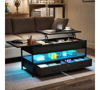 Shein Mesa de centro con estantes elevables, mesa de té de madera con estante de almacenamiento, mesas de centro para sala de estar con 2 cajones y tira LED
