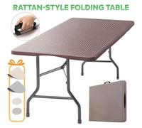 Shein Mesa de Jardín Plegable 180x70cm, Mesa de Camping Exterior para 6, Marrón con Tablero de Plástico Aspecto Ratán, Estructura Metálica, 150kg, 3 Mecanis