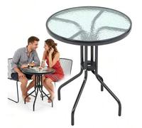 Shein Mesa redonda de jardín para exteriores de 60 cm con tablero de cristal, mesa auxiliar de café para patio o balcón, estructura metálica, mesa de bistró
