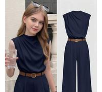 Shein Mono elegante sin mangas con cinturón para adolescente, mono de cuello alto con cinturón, mono de color azul, mono de moda para niñas para ir al traba