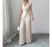 Shein Mono elegante sin mangas de color beige con pliegues para mujer, diseño sofisticado de cuello con solapa de unicolor y cinturón, ropa de trabajo profe