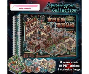 Shein Nueva versión de libro de pegatinas de escenas de estilo apocalíptico de gran tamaño, 12 escenas + pinzas de metal, pegatinas de paisajes de la serie