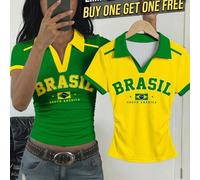 Shein Oferta de tiempo limitado: Compra uno y llévate otro gratis, Moda retro Letra verde BRAZIL, Amarillo soleado vibrante, Estallido de estrella dorada, D