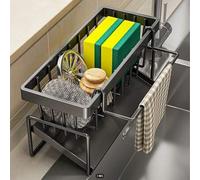 Shein Organizador de fregadero de cocina, soporte para esponjas 3 en 1 con estante desmontable para toallas y bandeja de drenaje, adecuado para esponjas, di