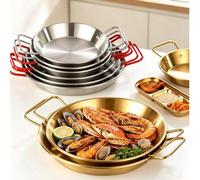 Shein Paellera de acero inoxidable, plato de paella española de mariscos, plato para servir mariscos con doble asa, sartén de cocina dorada coreana, fácil d