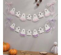 Shein Pancarta de decoración para fiesta de noche de carnaval de Halloween con lindo fantasmita con vestido, guirnalda de lazo y adorno colgante