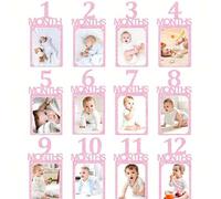 Shein Pancarta de fotos del primer cumpleaños, tarjetas de registro de crecimiento con purpurina rosa y negra (1-12 meses), guirnalda de decoración de hitos