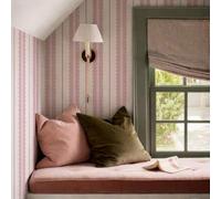 Shein Papel tapiz autoadhesivo con patrón de concha rosa, decoración de pared con líneas retro, papel tapiz decorativo a rayas tradicional, fondo beige