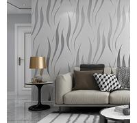 Shein Papel tapiz de moda no tejido con relieve 3D a rayas, adecuado para sala de estar, dormitorio, cocina y baño, gris plateado