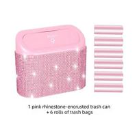 Shein Papelera de coche rosa brillante con tapa, pequeña, colgante lateral de puerta de auto, con 6 rollos de bolsas de basura, contenedor de basura de coch