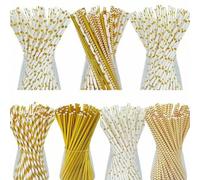 Shein paquete de 25/50/100/200 pajitas de papel con impresión de lámina de oro, variedad de diseños de lámina de oro, pajitas de decoración para fiesta, paj