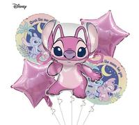 Shein Paquete de 5 globos de Ángel y Stitch de Disney, decoración de fiesta temática rosa, decoración de cumpleaños y festival, set de globos de estrella de