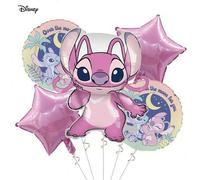 Shein Paquete de 5 globos de Ángel y Stitch de Disney, decoración de fiesta temática rosa, decoración de cumpleaños y festival, set de globos de estrella de