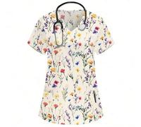 Shein Parte superior de uniforme de enfermera con cuello en V, manga corta, bolsillo doble y estampado floral / Parte superior de uniforme de trabajo de méd