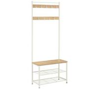 Shein Perchero Zapatero, Perchero con Banco Recibidor, 3 en 1, Estructura de Acero, para Entrada Pasillo, 32 x 70 x 177 cm, Estilo Moderno, Roble y Crema, R