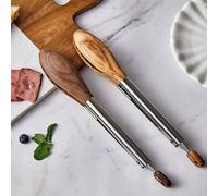 Shein Pinzas de cocina de madera para cocinar, pinzas de cocina con puntas de madera, pinzas de ensalada de acero inoxidable antideslizantes con nuez, pinza