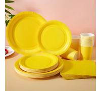 Shein Platos desechables de cena y servilletas amarillas, Platos de cena y servilletas amarillas suministros para fiestas para 24 invitados, Platos de papel
