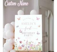 Shein Póster de fiesta de cumpleaños de mariposa personalizado, cartel de bienvenida del primer cumpleaños, póster de bienvenida de flores silvestres rosas,