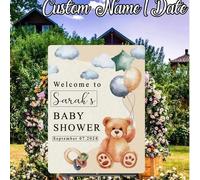 Shein Póster personalizado de oso de peluche con texto, cartel de bienvenida, adecuado para fondo de fiesta, baby shower, boda, cumpleaños y otras ocasiones