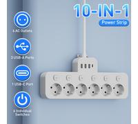 Shein Regleta de enchufes con protector contra sobretensiones, cable alargador extra largo de 5 pies/10 pies/15 pies, regleta multifuncional con 6 tomas de