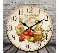 Shein Reloj de pared decorativo de madera rústica vintage con patrón provenzal de aceite de oliva y tomate, reloj de cuarzo silencioso, decoración ideal par