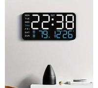 Shein Reloj de pared digital LED con pantalla de temperatura, fecha y día de la semana - Alarma dual, formato de 12/24 horas, calendario perpetuo, rectangul