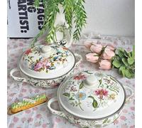 Shein Sartén/bandeja de horno esmaltada multiusos de 24 cm/9.45 pulgadas de grosor con flores, con dos asas y tapa esmaltada - Ideal para reuniones al aire