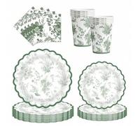Shein Set de 10/20/50 piezas de platos, vasos y servilletas de papel con diseño floral verde, incluye platos, servilletas y vasos con estampado de toile chi