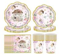Shein Set de 10/20/50 piezas, suministros para fiesta de cumpleaños con temática de hadas rosas, platos, vasos y servilletas de papel desechables de 9 pulga
