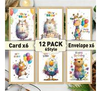 Shein Set de 12 tarjetas de felicitación de cumpleaños con diseños de animales en acuarela, adecuadas para regalar a esposo, amigos, hermanas, parejas, cole