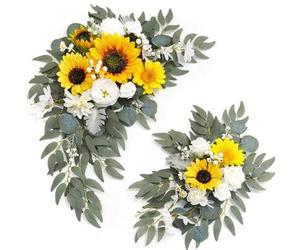 Shein Set de 2 coronas de arco para boda y cumpleaños, decoración rústica de flores artificiales, guirnalda de hojas verdes, peonías y girasoles, decoración