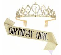 Shein Set de 2 piezas corona y faja decoradas con rhinestones para fiesta de cumpleaños, corona y faja modernas para fiesta, Navidad