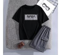 Shein Set de 2 piezas de conjunto deportivo casual para niños, estilo callejero en color negro y gris, con estampado de letras, ajuste holgado de manga cort