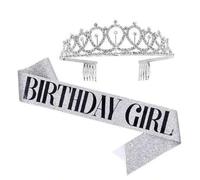 Shein Set de 2 piezas de corona y faja decoradas con rhinestones para fiesta de cumpleaños, Set de corona y faja moderna para fiestas en el hogar, Día de Sa