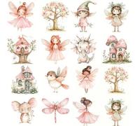 Shein Set de 20 pegatinas vintage hechas a mano, pegatinas decorativas con tema de cuentos de hadas que incluyen conejo, ratón, casa del árbol, pegatinas re