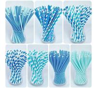Shein Set de 25/100 unidades Pajitas de papel de la serie azul para decoración de fiestas, pajitas de papel de un solo uso con diseño de patrón azul, decora