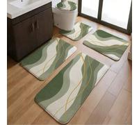 Shein Set de 3/5 piezas de alfombra de baño con tema de onda de línea verde y dorada Morandi, estilo fresco Wabi-Sabi, alfombra suave y absorbente antidesli
