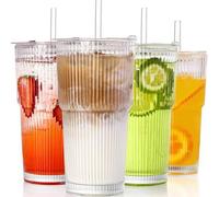 Shein Set de 3/6/12 vasos de vidrio con tapas y pajitas, vasos de agua retro de 20 onzas, tazas de café con hielo de alta calidad, aptas para bubble tea, ce