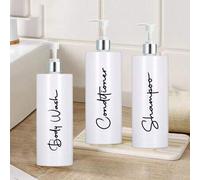 Shein Set de 3 dispensadores recargables de 500ml para champú y acondicionador con bomba y 3 etiquetas impermeables para decoración del hogar y baño, decora