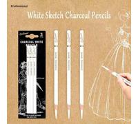 Shein Set de 3 lápices de carboncillo blanco para bocetos, lápices de madera profesionales de carboncillo blanco para dibujo, boceto, difuminado, vuelta al