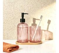 Shein Set de 3 piezas de baño a rayas rosa - Dispensador de botella + Vaso de enjuague + Bandeja, Accesorios de baño