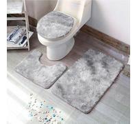 Shein Set de 3 piezas que incluye 1 funda de asiento de inodoro de felpa larga con efecto tie-dye en color gris claro y 2 alfombras de piso a juego. Alfombr