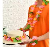 Shein Set de 4 piezas de decoración hawaiana de plástico que incluye collar, diadema y pulsera de flores (patrones aleatorios) para fiestas en la playa y fe