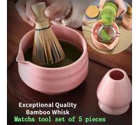 Shein Set de 5 piezas para Matcha, incluye tazón de cerámica, batidor de bambú, cuchara, tamiz y soporte, adecuado para ceremonia del té, Matcha Latte, rega