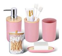 Shein Set de 5 piezas simple rosa para el baño con dispensador de jabón de manos y loción, vaso enjuagador, soporte para cepillo de dientes y jabonera, deco