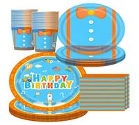 Shein Set de 50 piezas de vajilla desechable para mesa con diseño de pequeño caballero en azul y naranja, platos de papel, vasos y servilletas con estampado