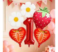 Shein Set de 6 globos de fresa y margarita, globos de foil rojos de 32 pulgadas con números 0-9, globos de fresa y margarita, adecuados para fiesta de cumpl